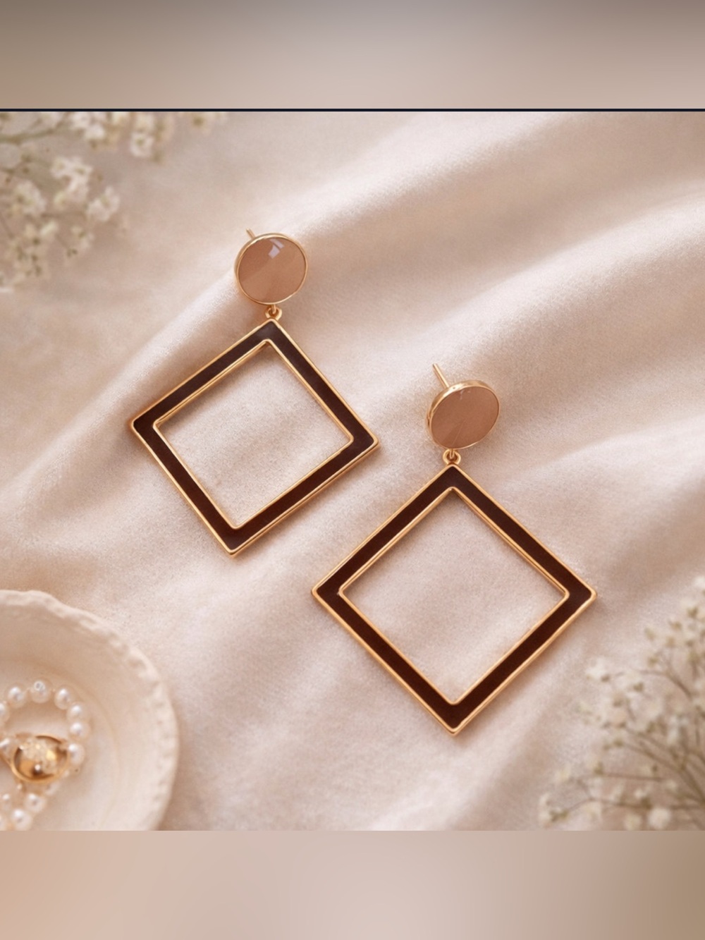 Gold and Brown Geometric Drop Earrings